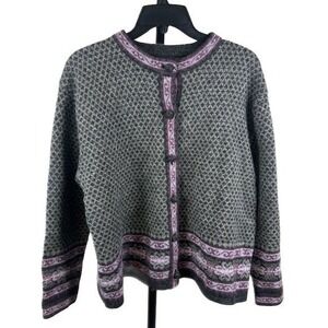Skyr Petite Fair Isle Cardigan Gray Purple 100% Wool Ski Sweater Size  PM Medium